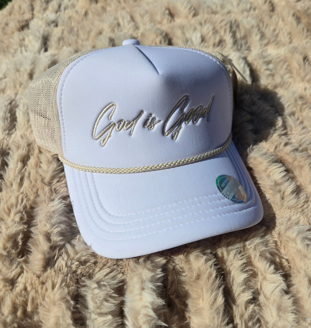 God Is Good Premium Trucker Hat – White/Stone