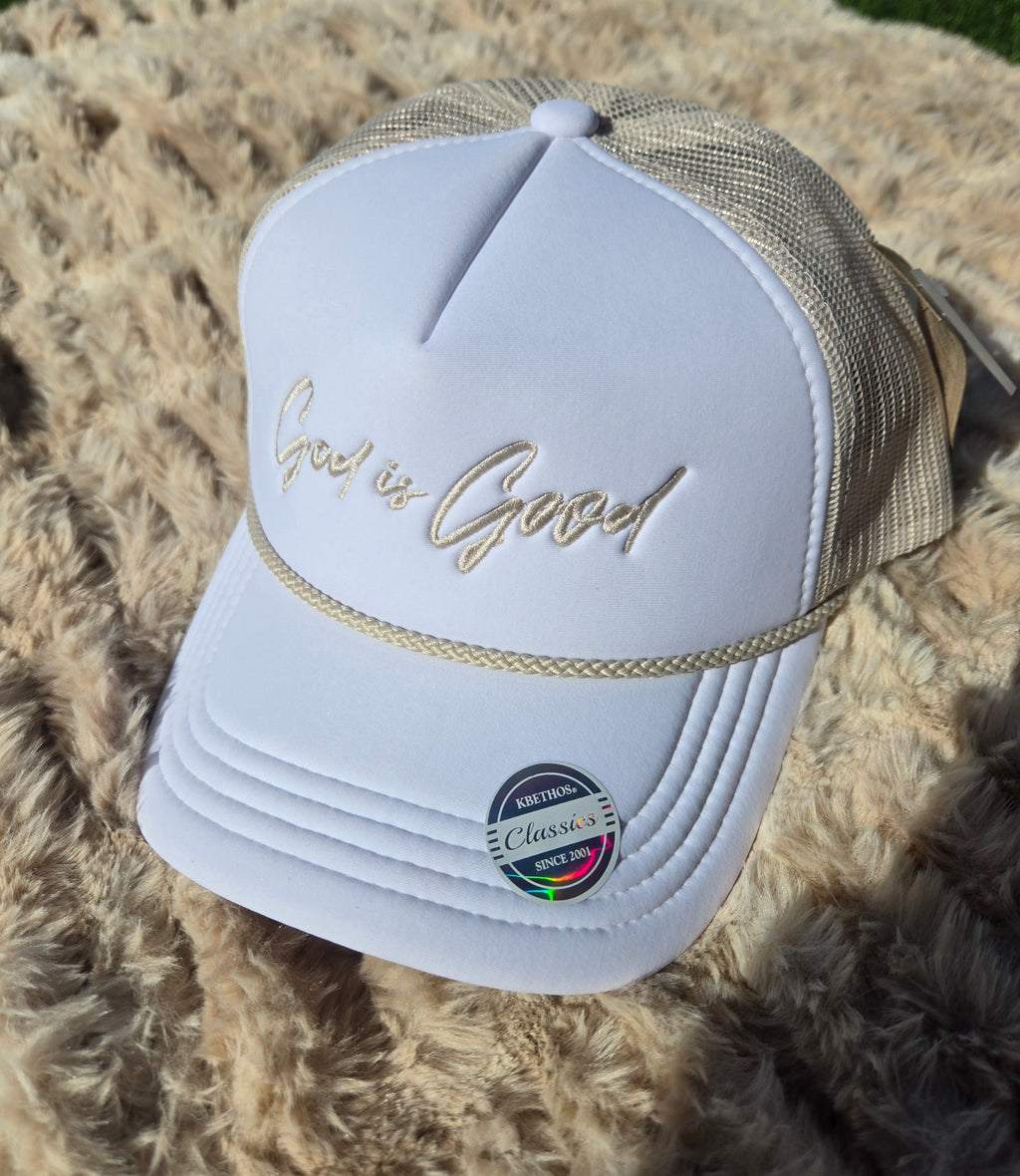God Is Good Premium Trucker Hat – White/Stone