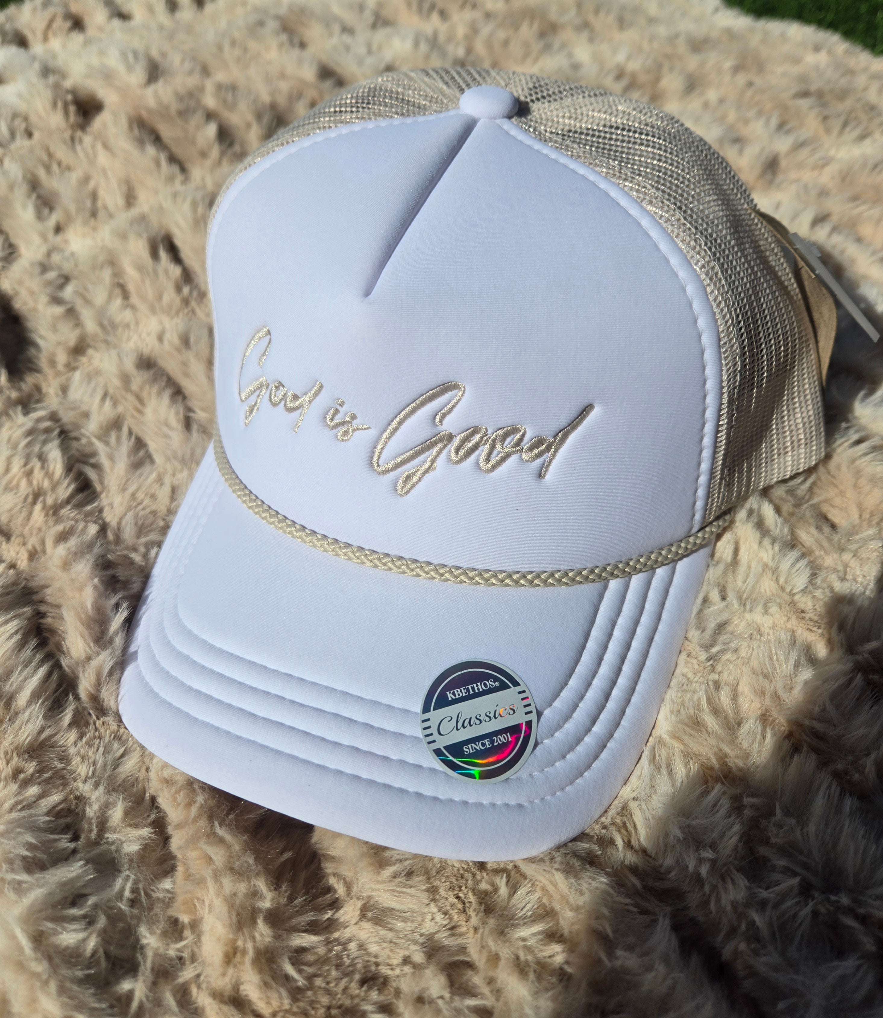 God Is Good Premium Trucker Hat – White/Stone