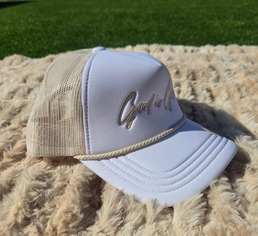 God Is Good Premium Trucker Hat – White/Stone