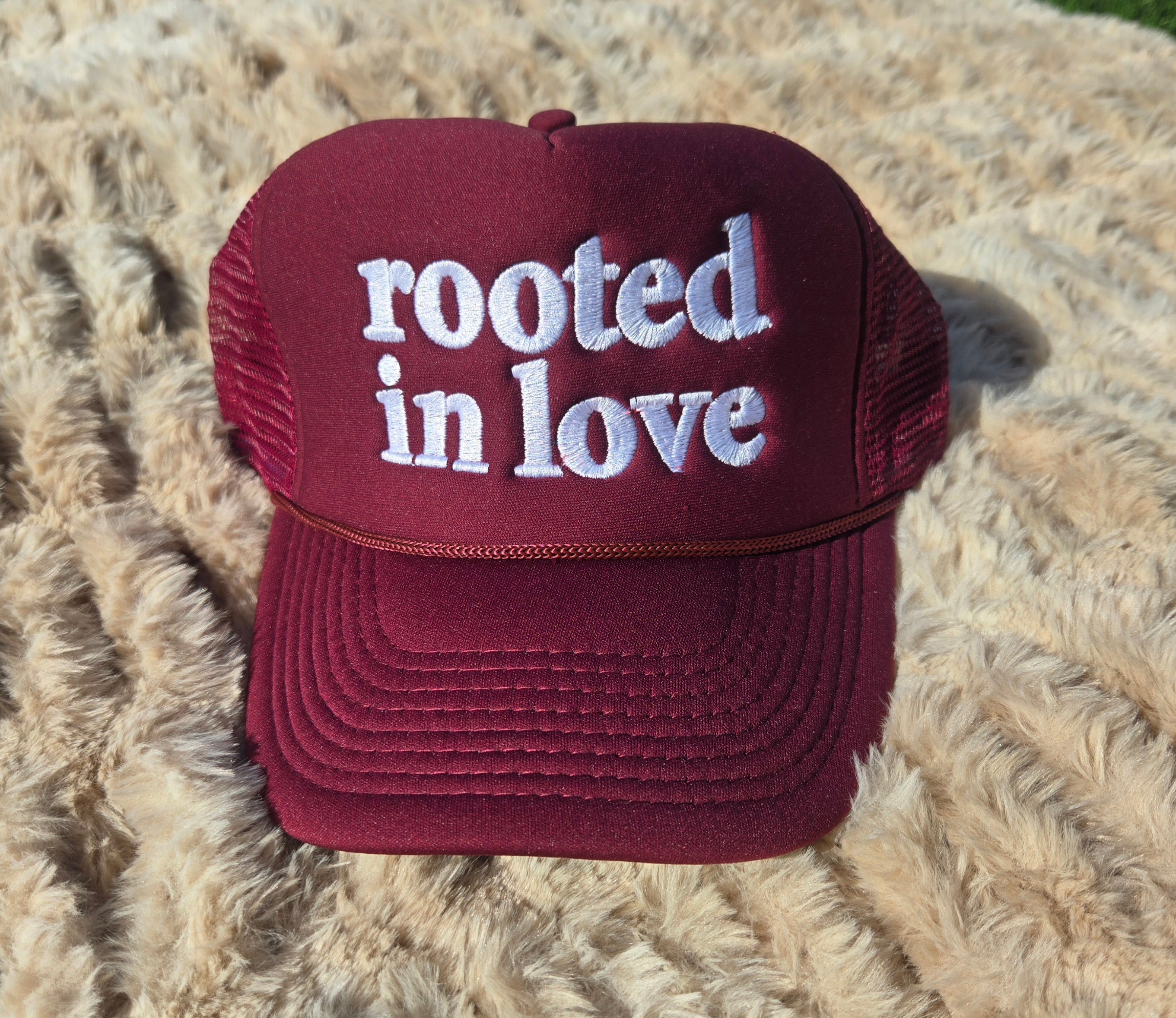 Rooted In Love Trucker Hat – Maroon