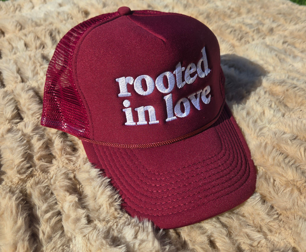 Rooted In Love Trucker Hat – Maroon