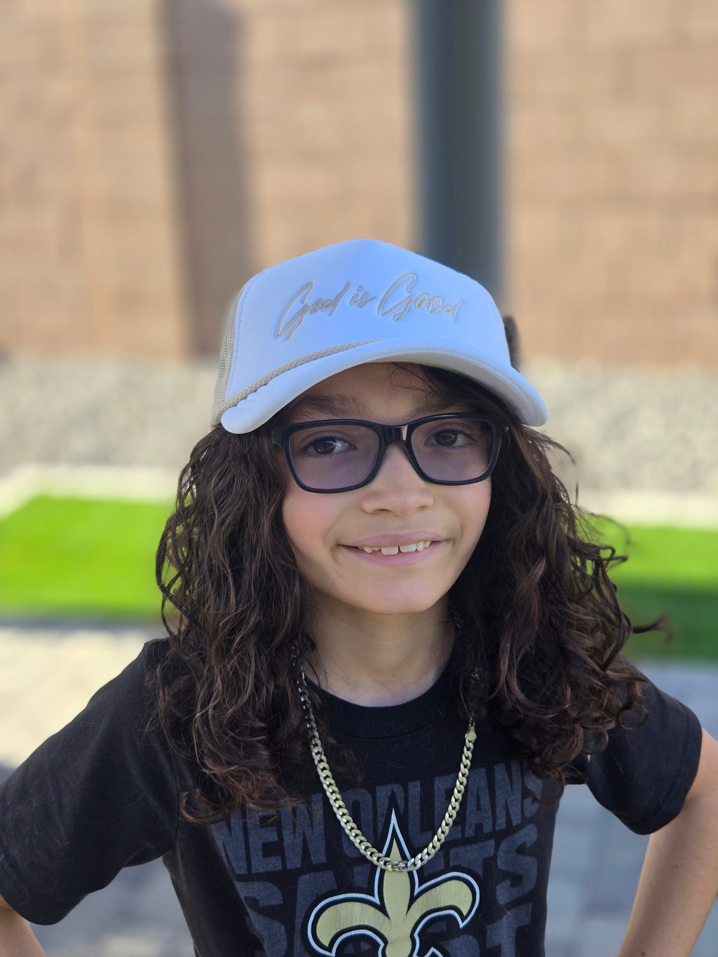 God Is Good Premium Trucker Hat – White/Stone