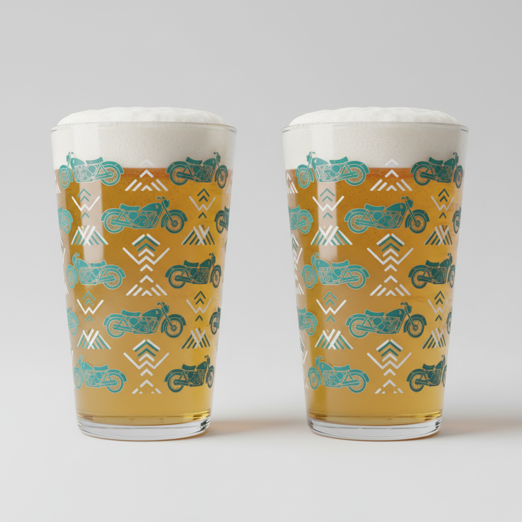 2-Pack Curated Pint Glasses with vintage motorcycle wrap design