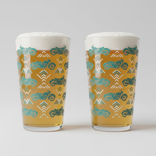 2-Pack Curated Pint Glasses with vintage motorcycle wrap design